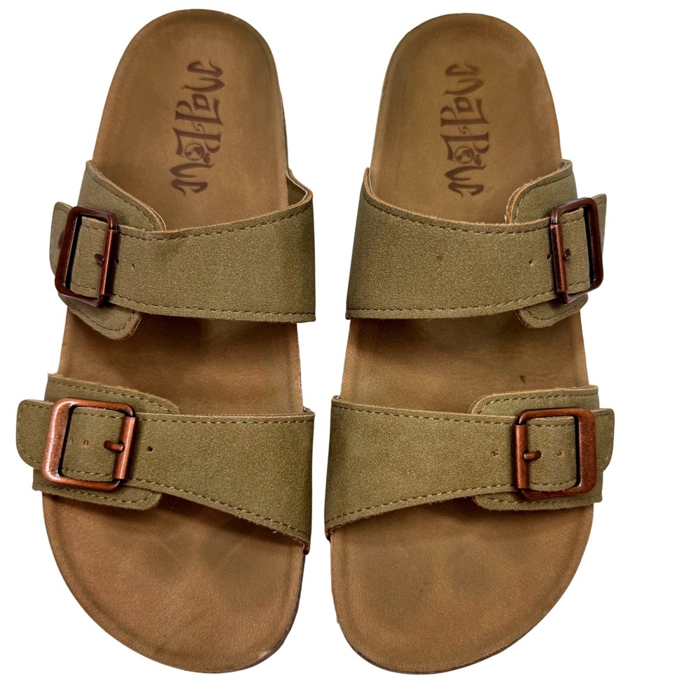 Mad Love Slide Sandals Womens 8 Tan Double Buckle Faux Suede Cork Footbed Boho